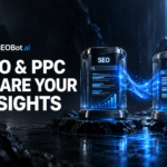 SEO and PPC data streams flowing between two glowing glass pillars