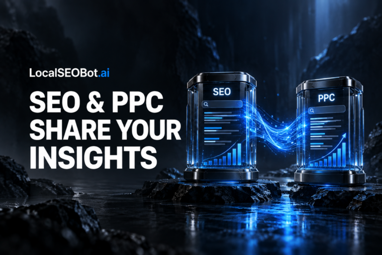 SEO and PPC data streams flowing between two glowing glass pillars