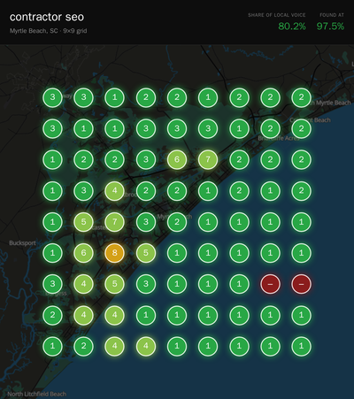 Rank grid for "contractor seo" in Myrtle Beach