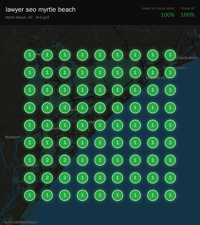 Rank grid for "lawyer seo myrtle beach" in Myrtle Beach