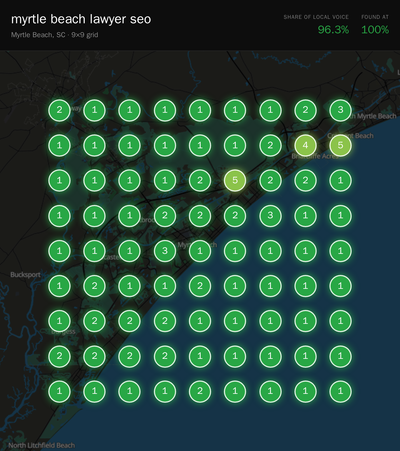 Rank grid for "myrtle beach lawyer seo" in Myrtle Beach