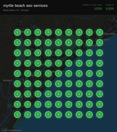 Rank grid for "myrtle beach seo services" in Myrtle Beach