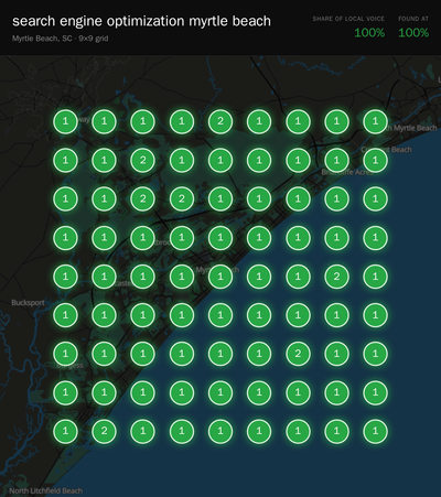 Rank grid for "search engine optimization myrtle beach" in Myrtle Beach