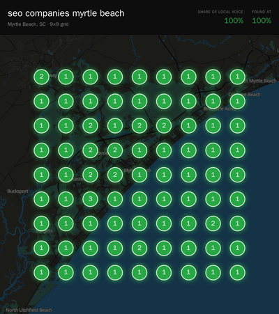 Rank grid for "seo companies myrtle beach" in Myrtle Beach