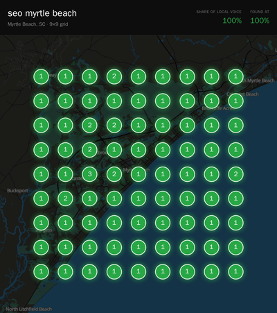 Rank grid for "seo myrtle beach" in Myrtle Beach
